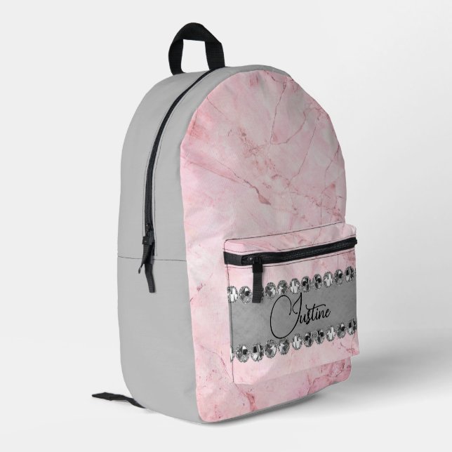 Pink Marble Diamond Bling Personalised            Printed Backpack (Back Corner Left)