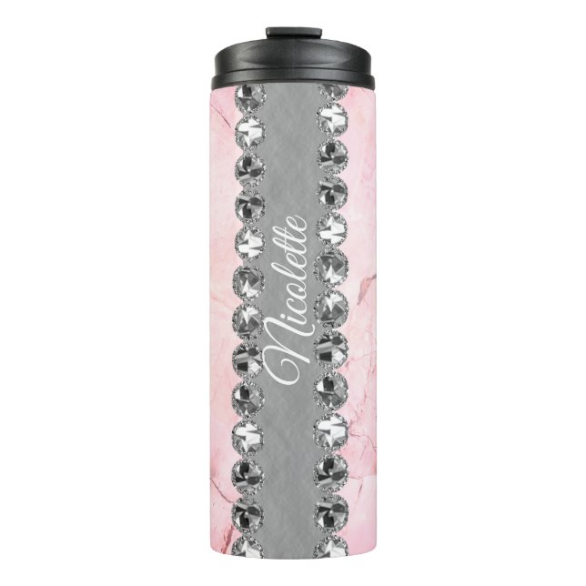 Pink Marble Diamond Bling Personalised          Thermal Tumbler (Front)