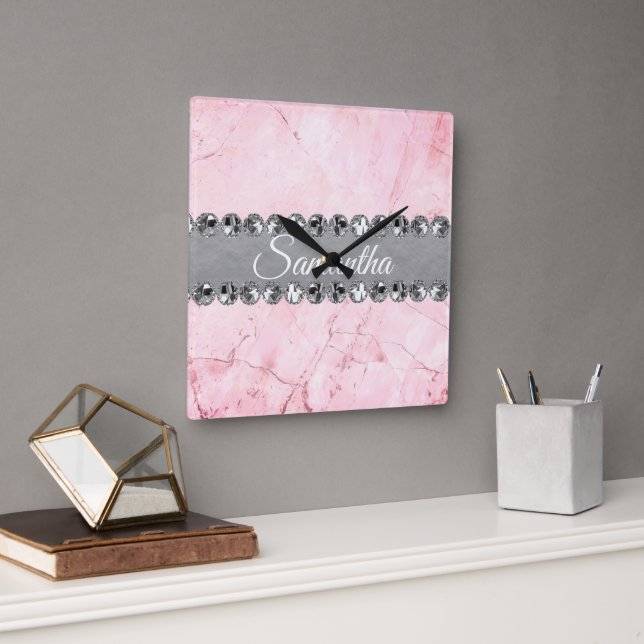 Pink Marble Diamond Bling  Personalized          Square Wall Clock (Office)
