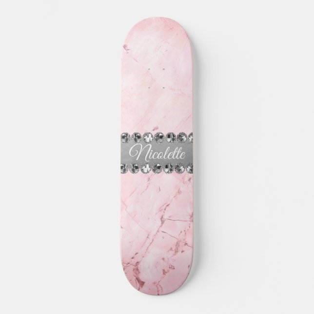 Pink Marble Diamond Bling  Skateboard (Front)