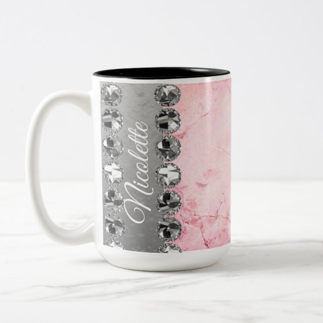 Pink Marble Diamond Bling  Two-Tone Coffee Mug (Left)