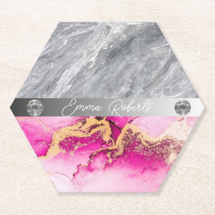 Pink Marble Diamond Glitter Paper Coaster