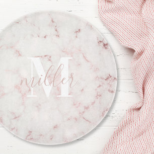 Pink Marble Family Name Round Glass Cutting Board