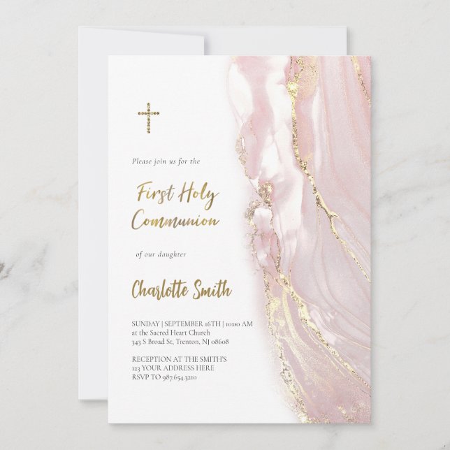 pink marble | First Communion girl  Invitation (Front)