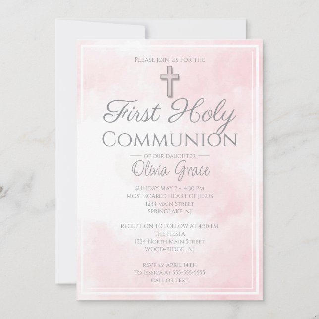 Pink Marble First Holy Communion Invitation (Front)