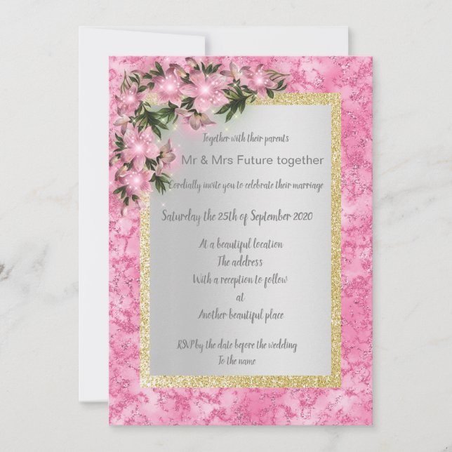 pink marble floral wedding with pink floral gold invitation (Front)