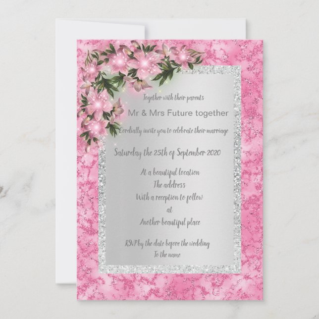 pink marble floral wedding with pink floral silver invitation (Front)