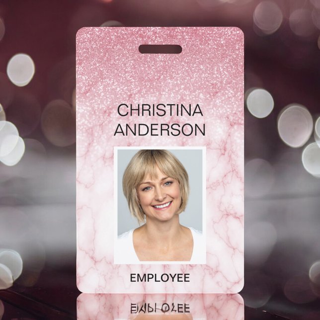 Pink Marble Glitter Employee Name Photo Corporate ID Badge (Creator Uploaded)