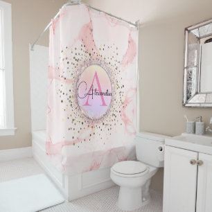 Pink Marble Glitter Monogram Personalised Shower Curtain