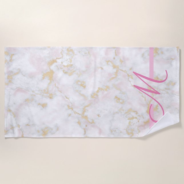 Pink Marble Glitter Personalised Initial Beach Towel (Front)