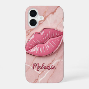 Pink marble glossy lips shaped  iPhone 16 case