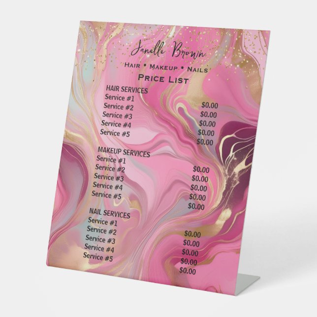 Pink Marble & Gold Glitter Beauty Salon Price List Pedestal Sign (Front)