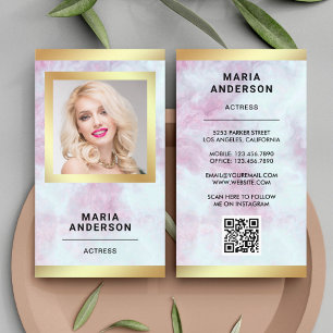 Pink Marble Gold Model Actress QR Code Photo Business Card