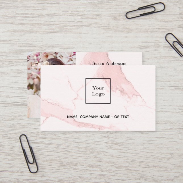 Pink marble gold photo elegant QR code  Business Card (Front/Back In Situ)