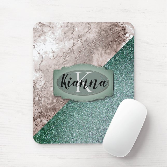 Pink Marble Minty Green Monogram    Mouse Pad (With Mouse)