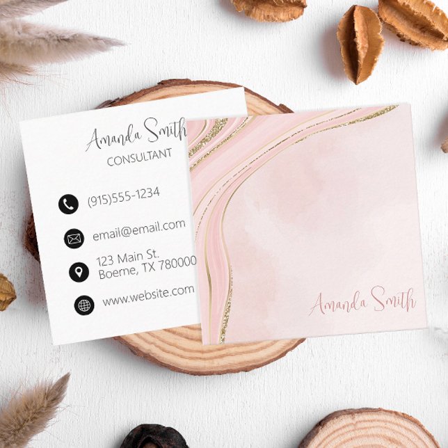 Pink Marble Modern Square Business Card (Pink and gold square business cards)