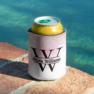 Pink Marble Monogram Girly Modern Gold Glitter Can Cooler