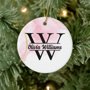 Pink Marble Monogram Girly Modern Gold Glitter Ceramic Ornament