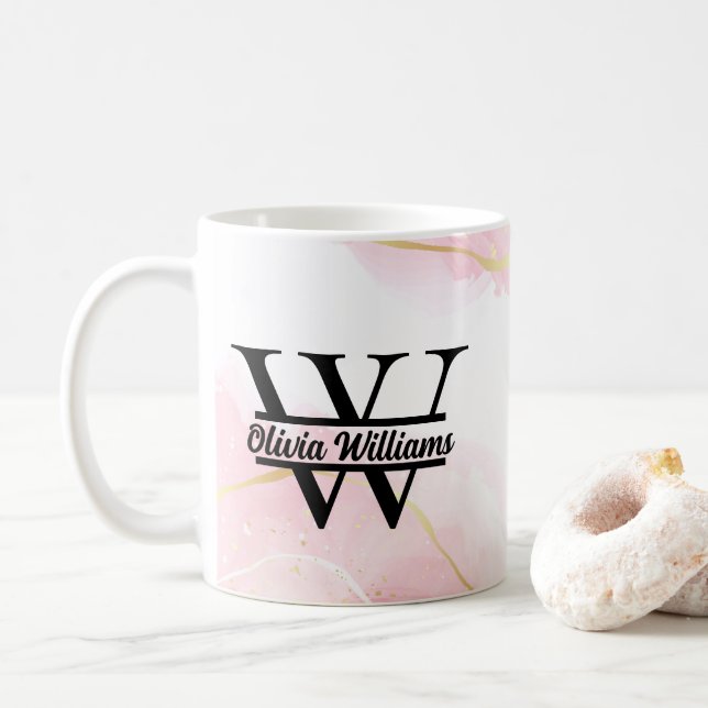 Pink Marble Monogram | Girly Modern Gold Glitter Coffee Mug (With Donut)