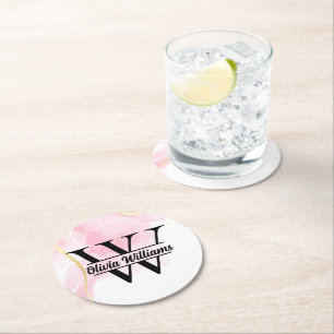 Pink Marble Monogram   Girly Modern Gold Glitter Round Paper Coaster
