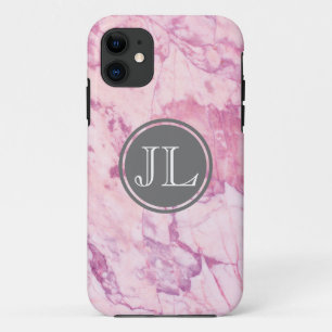 Pink Marble Monogram With Grey Circle Motif iPhone 11 Case