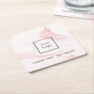 Pink marble name business logo elegant modern square paper coaster