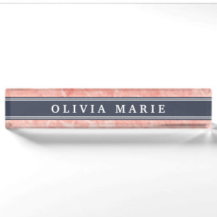 Pink Marble Pattern Navy Blue Accent Nameplate