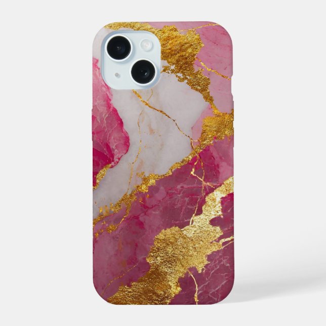 Pink Marble Pattern with Gold iPhone 15 Case (Back)