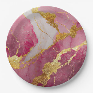 Pink Marble Pattern with Gold Paper Plate