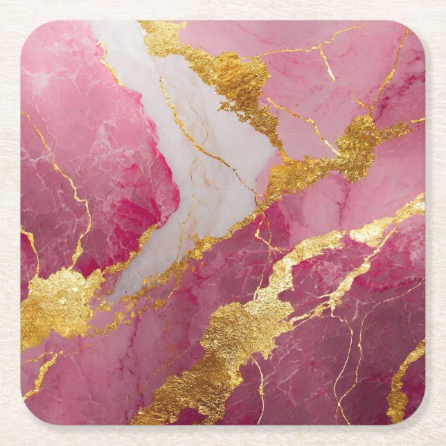 Pink Marble Pattern with Gold Square Paper Coaster (Front)