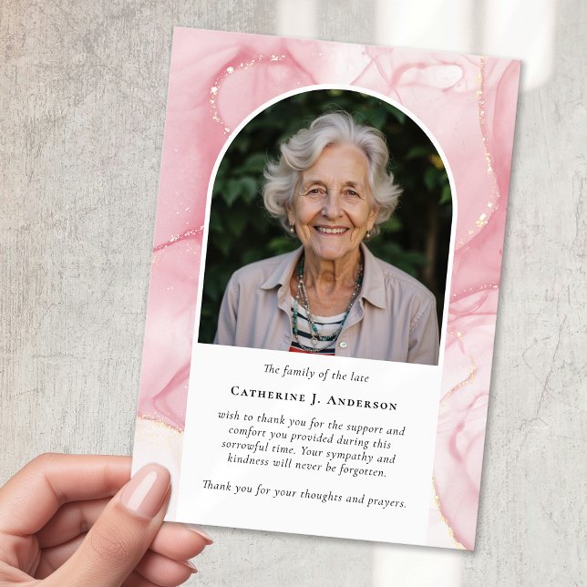 Pink Marble Photo Sympathy Funeral Memorial Thank You Card (Creator Uploaded)