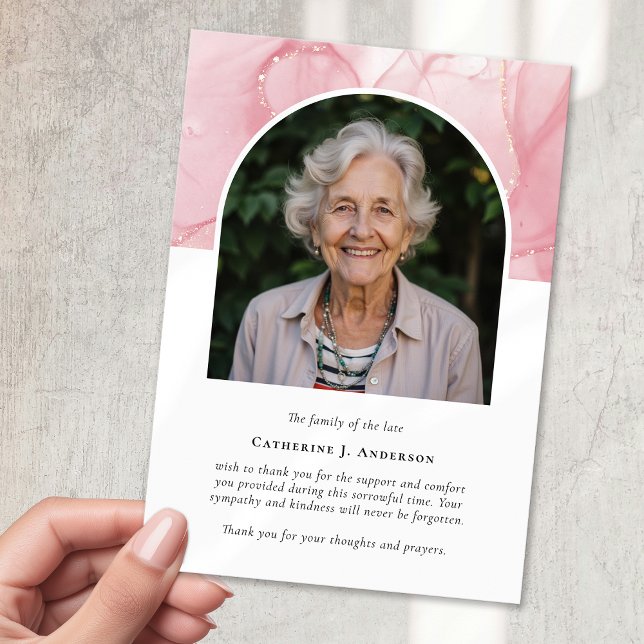 Pink Marble Photo Sympathy Funeral Memorial Thank You Card (Creator Uploaded)