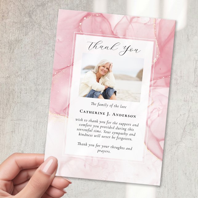 Pink Marble Photo Sympathy Funeral Memorial Thank You Card (Creator Uploaded)
