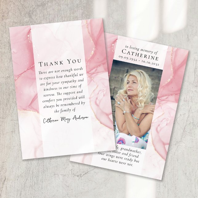 Pink Marble Photo Sympathy Funeral Memorial Thank You Card (Creator Uploaded)