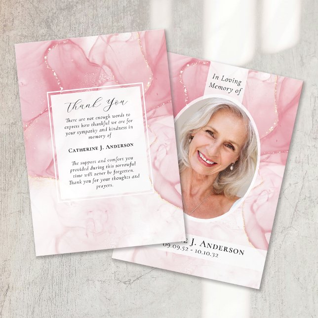 Pink Marble Photo Sympathy Funeral Memorial Thank You Card (Creator Uploaded)
