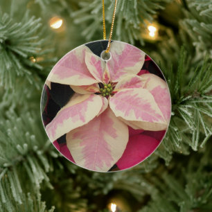 Pink Marble Poinsettia Floral Holiday Ceramic Ornament