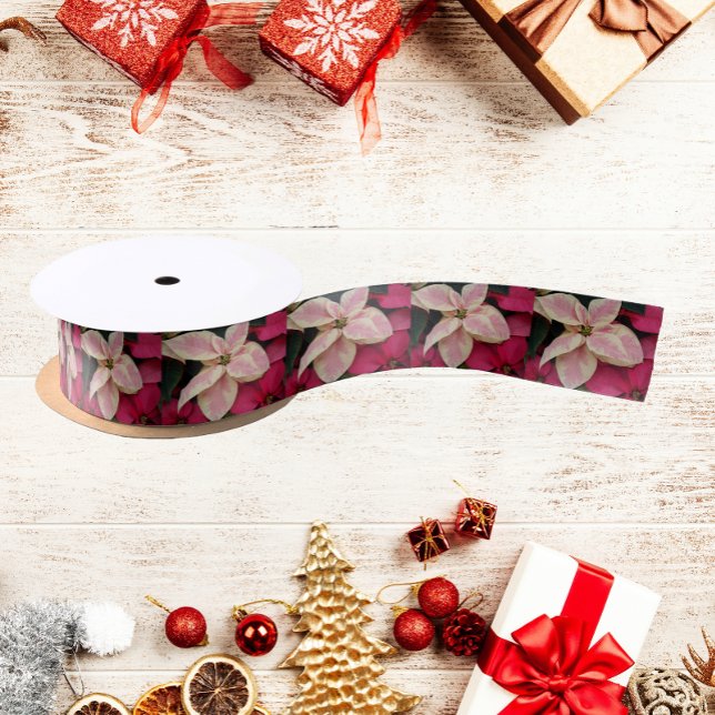 Pink Marble Poinsettia Floral Holiday Satin Ribbon (In Situ)