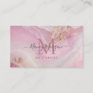Pink Marble Rose Gold Monogram Nail Artist Business Card