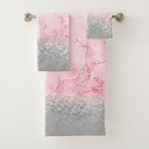 Pink Marble Silver Glittery Glam Bath Towel Set