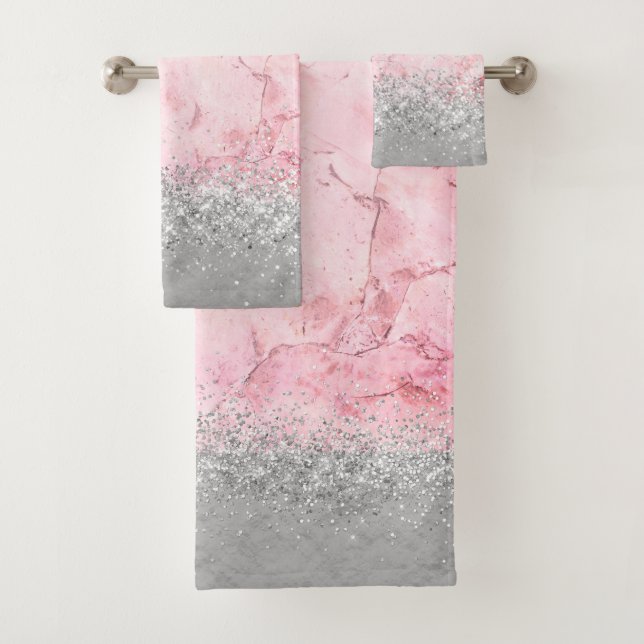 Pink Marble Silver Glittery Glam Bath Towel Set (Insitu)