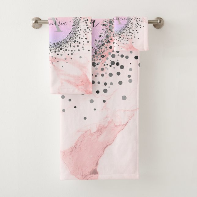 Pink Marble Silver Speckled Glittery Monogram Bath Towel Set (Insitu)