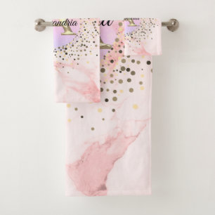 Pink Marble Speckled Monogram Bath Towel Set