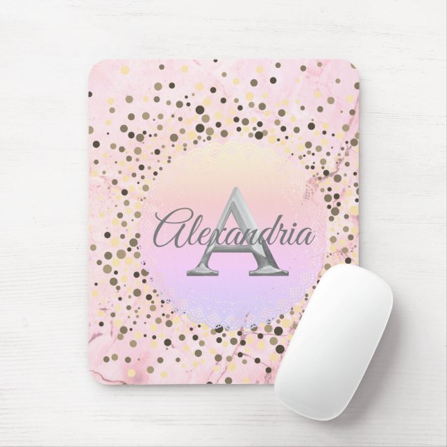 Pink Marble Speckled Monogram Mouse Pad (With Mouse)