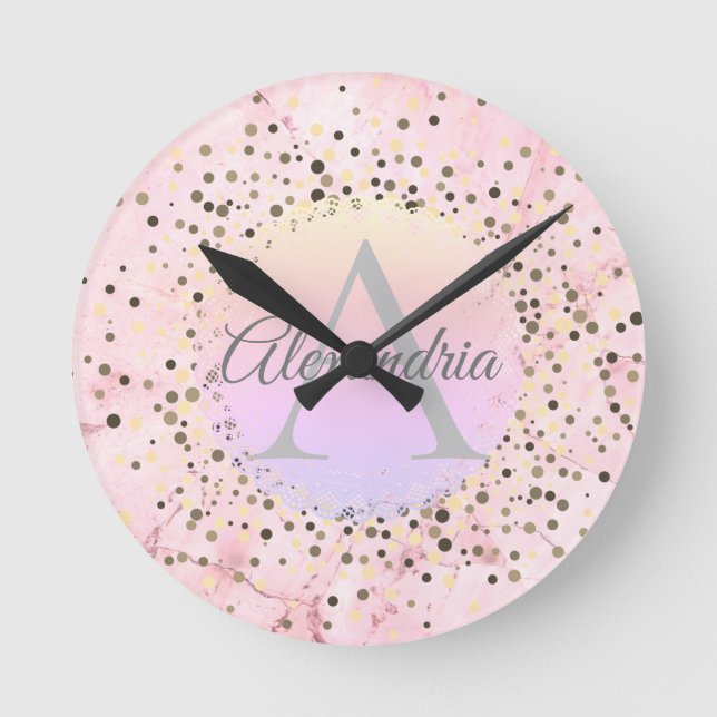 Pink Marble Speckled Monogram Personalised Round Clock (Front)
