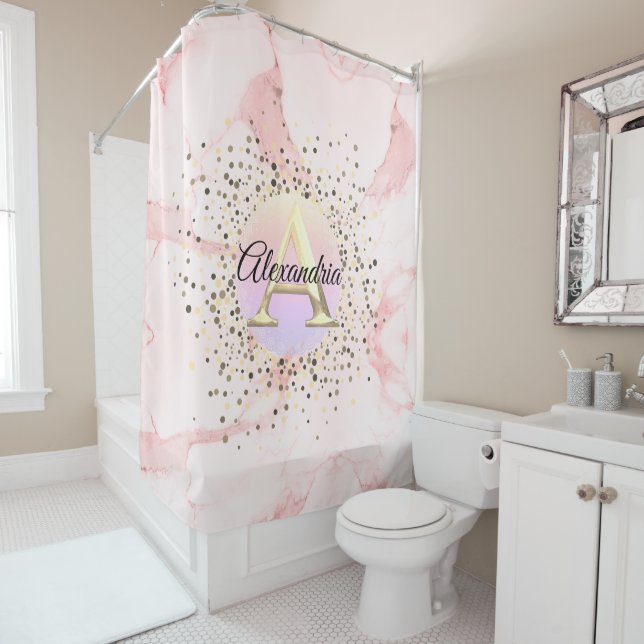 Pink Marble Speckled Monogram Personalised Shower Curtain (In Situ)