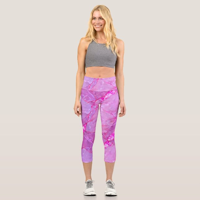 Pink Marble Texture, Marble Effect Capri Leggings (Front)
