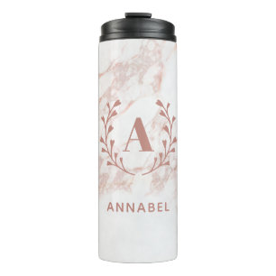 Pink Marble Wreath Custom Monogram Thermal Tumbler