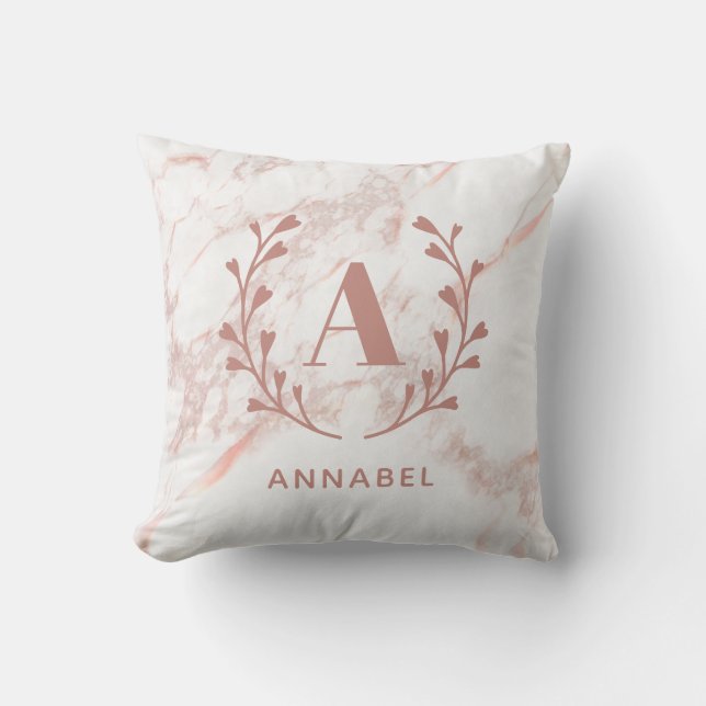 Pink Marble Wreath Monogram Custom Name Cushion (Front)