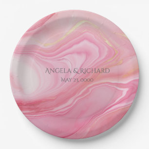 Pink marbled background paper plate