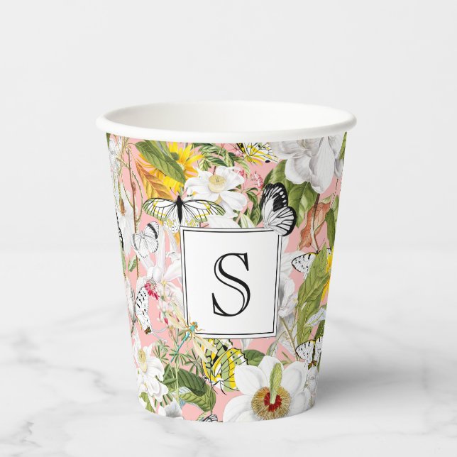 Pink Mariposa Vintage Monogrammed Paper Cup (Front)